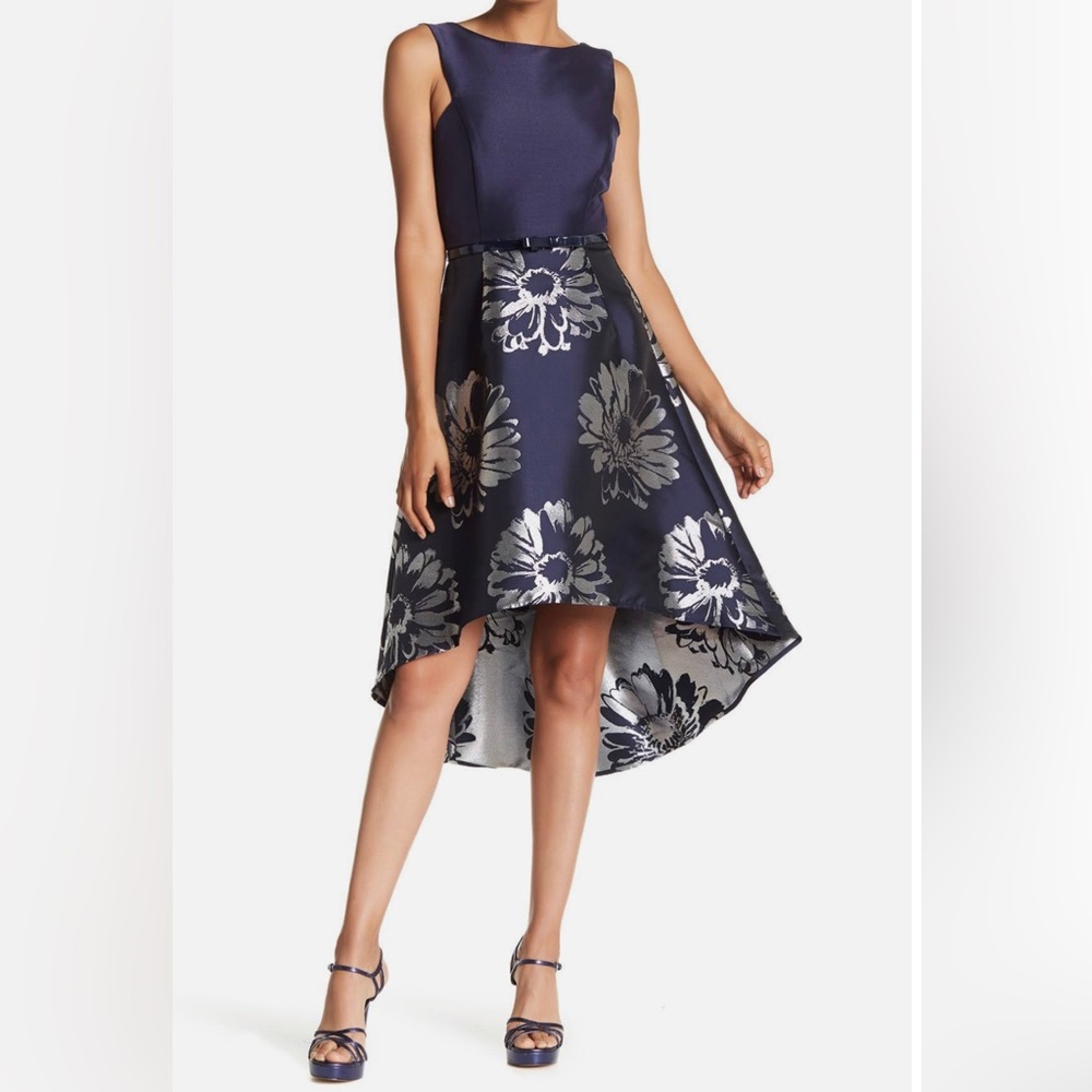 Donna Ricco Navy / Silver Floral High Low Dress